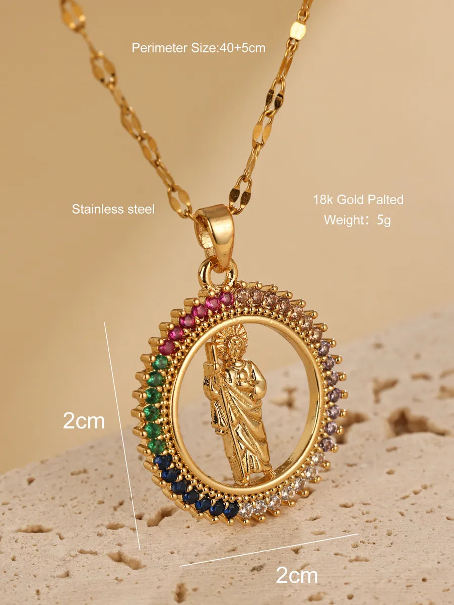 Elegant Virgin Mary Oval Stainless Steel Plating Hollow Out Inlay Zircon 18k Gold Plated Pendant Necklace