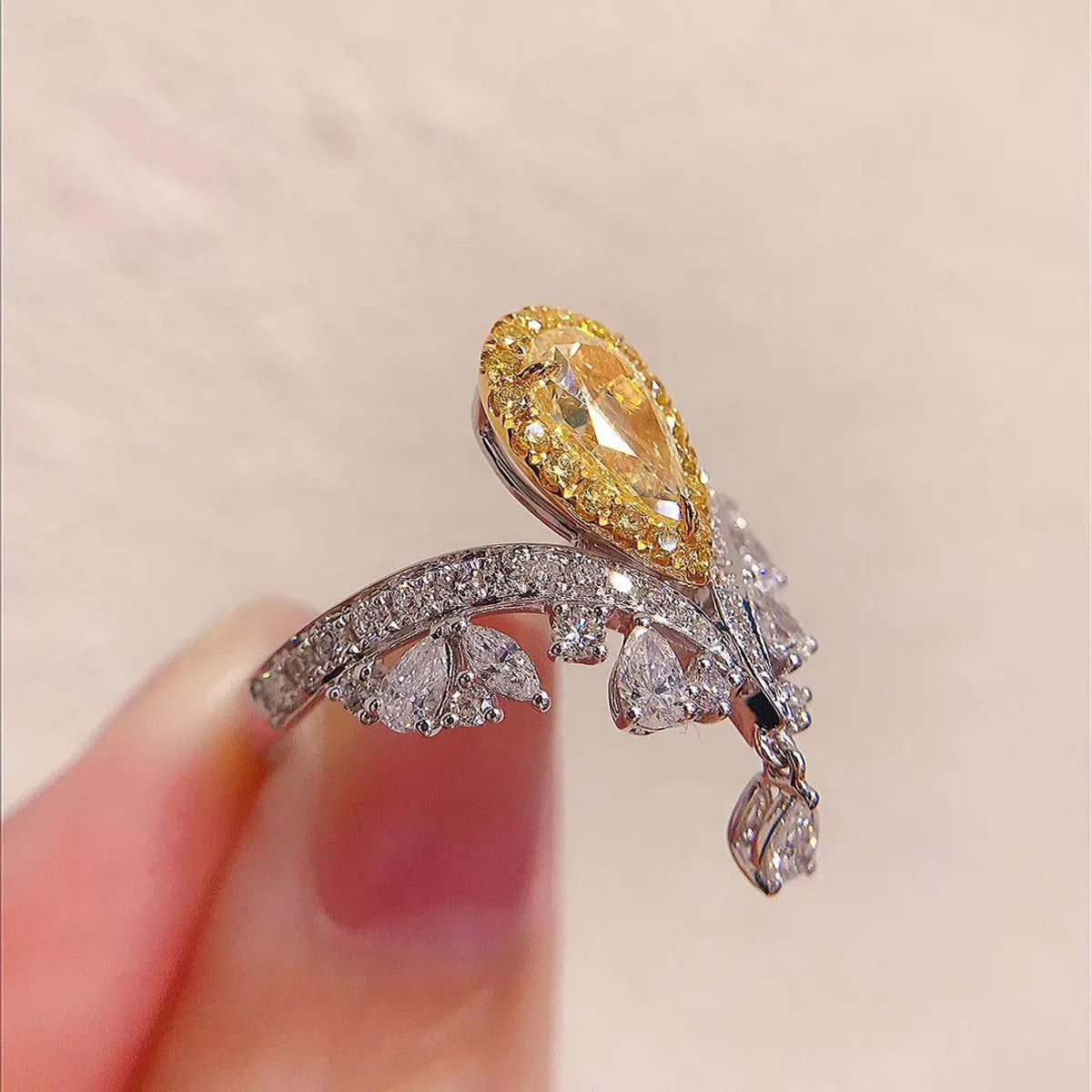 Elegant Water Droplets Crown Copper Zircon Open Ring In Bulk