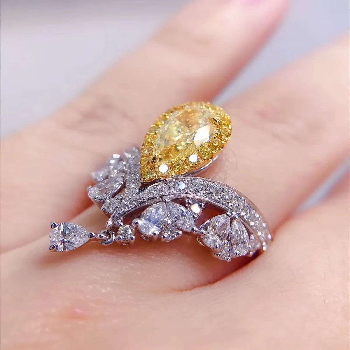 Elegant Water Droplets Crown Copper Zircon Open Ring In Bulk