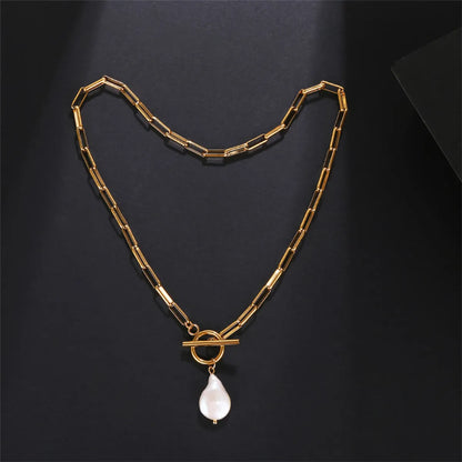 Elegant Water Droplets Stainless Steel Freshwater Pearl Toggle Pendant Necklace