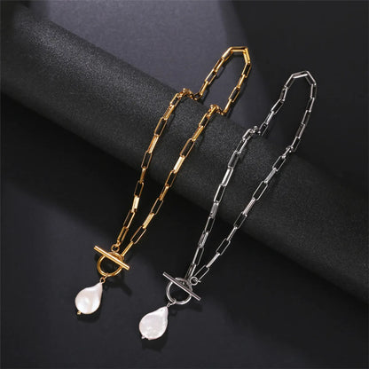 Elegant Water Droplets Stainless Steel Freshwater Pearl Toggle Pendant Necklace