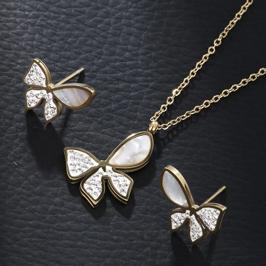 Elegant Xuping Sweet Butterfly Stainless Steel Plating Inlay Artificial Diamond 14k Gold Plated Earrings Necklace