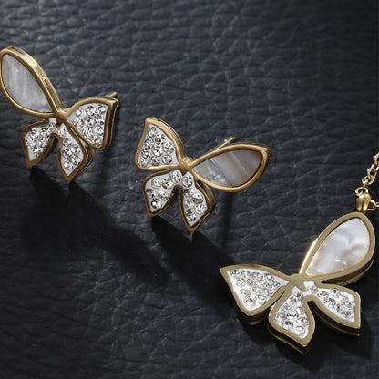 Elegant Xuping Sweet Butterfly Stainless Steel Plating Inlay Artificial Diamond 14k Gold Plated Earrings Necklace