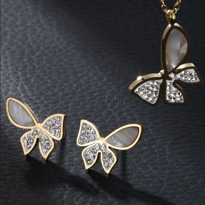 Elegant Xuping Sweet Butterfly Stainless Steel Plating Inlay Artificial Diamond 14k Gold Plated Earrings Necklace