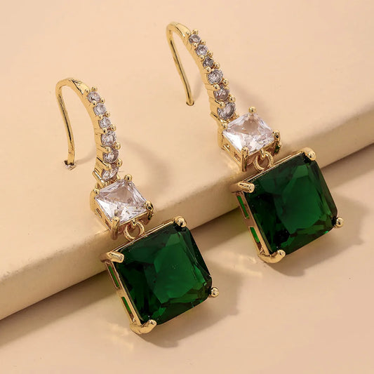 Emerald Square Rhinestone Retro Earrings