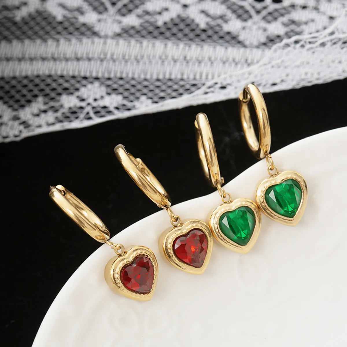 Emerald Zircon Heart Ear Buckle Stainless Steel 14k Gold Plated Earrings Wholesale