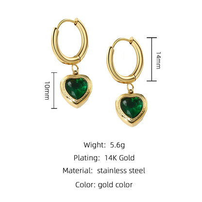 Emerald Zircon Heart Ear Buckle Stainless Steel 14k Gold Plated Earrings Wholesale