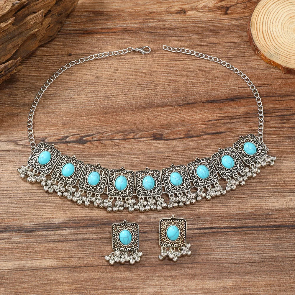 Ethnic Style Bohemian Classic Style Geometric Silver Plated Turquoise Alloy Wholesale Earrings Necklace