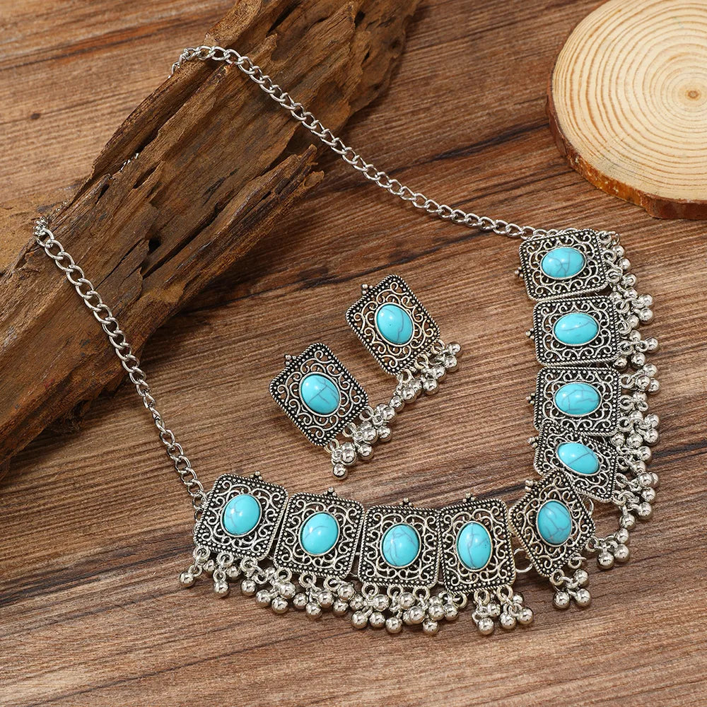 Ethnic Style Bohemian Classic Style Geometric Silver Plated Turquoise Alloy Wholesale Earrings Necklace