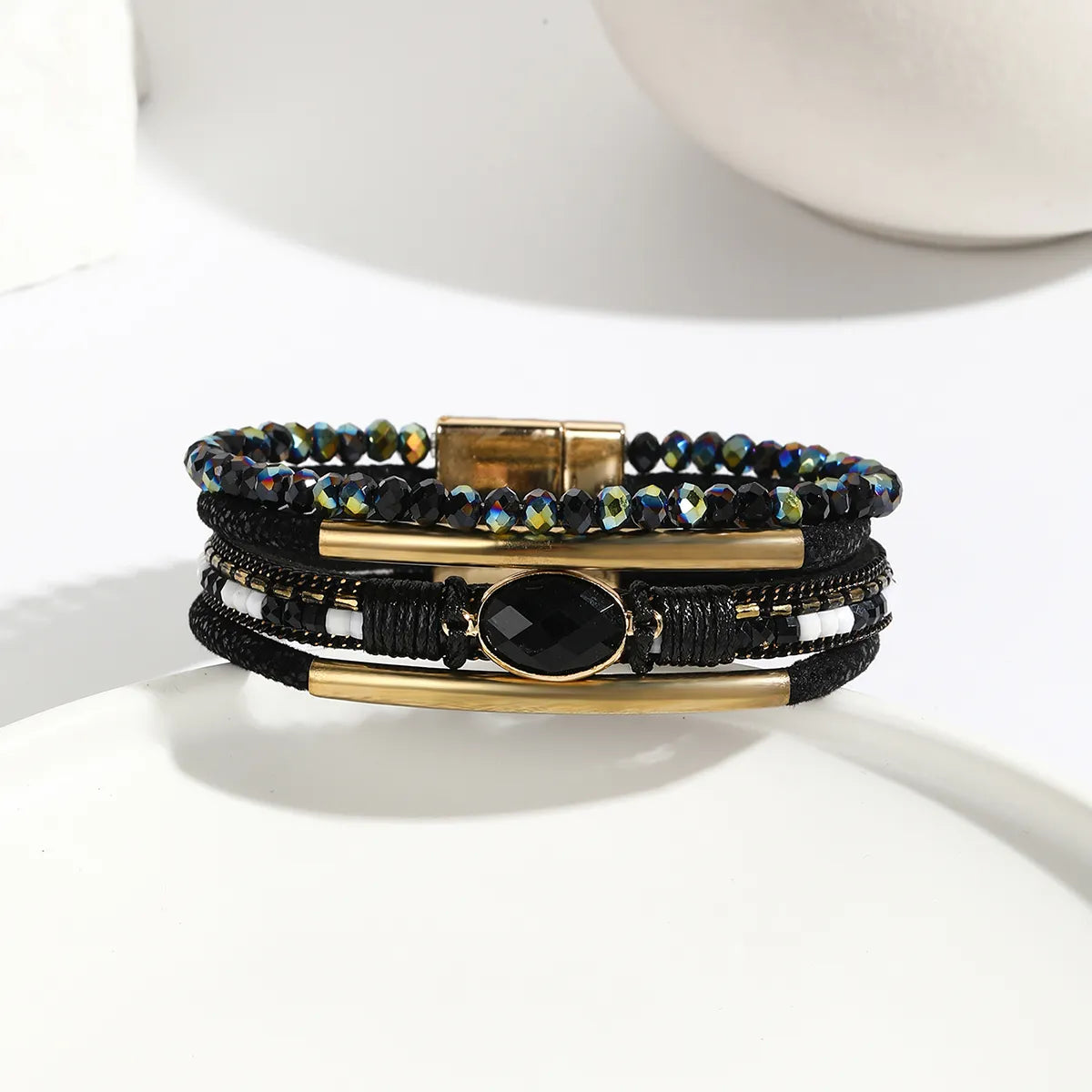 Ethnic Style Bohemian Geometric Pu Leather Copper Inlay Artificial Crystal Zircon Women'S Bangle