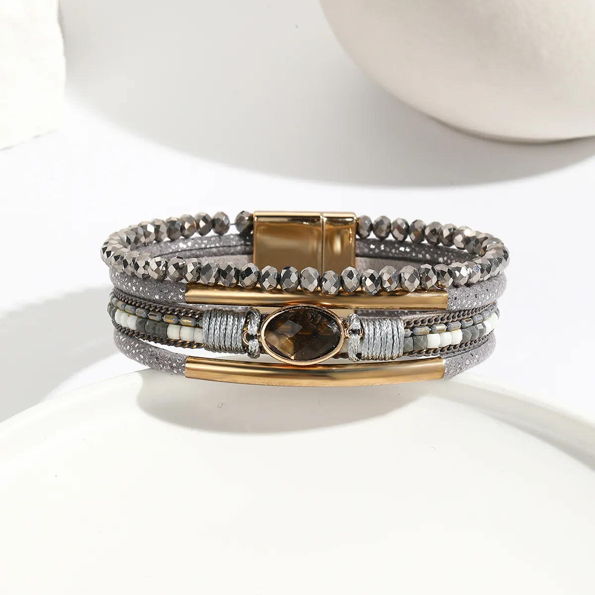 Ethnic Style Bohemian Geometric Pu Leather Copper Inlay Artificial Crystal Zircon Women'S Bangle