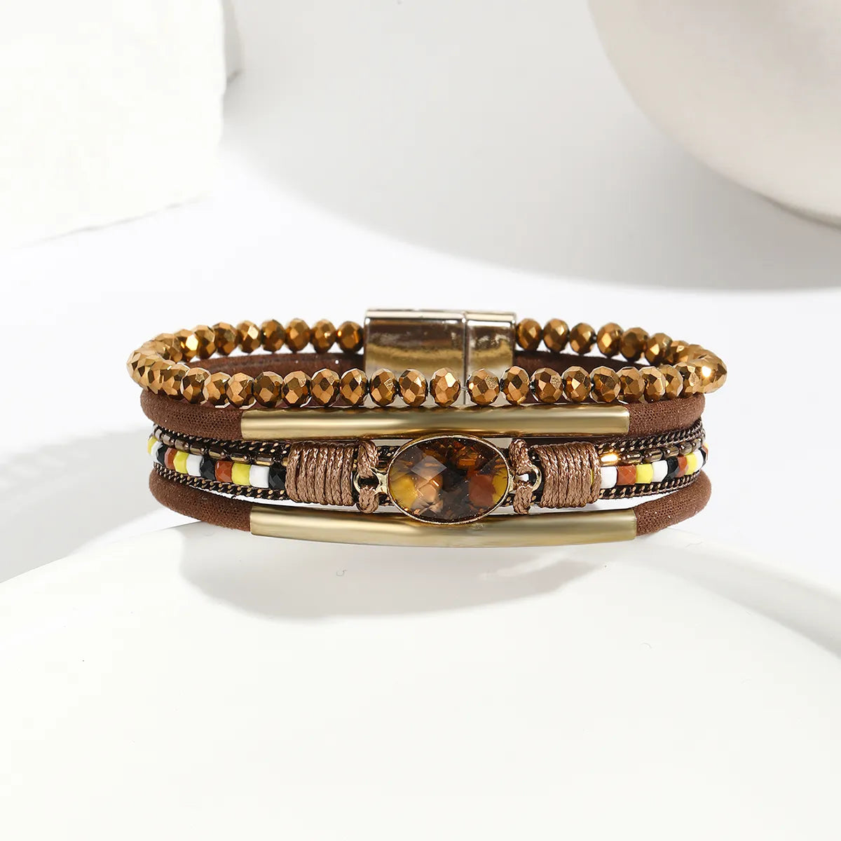 Ethnic Style Bohemian Geometric Pu Leather Copper Inlay Artificial Crystal Zircon Women'S Bangle