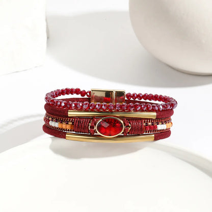 Ethnic Style Bohemian Geometric Pu Leather Copper Inlay Artificial Crystal Zircon Women'S Bangle