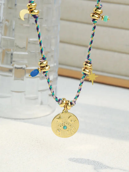 Ethnic Style Bohemian Geometric Stainless Steel Fabric Knitting 18k Gold Plated Pendant Necklace