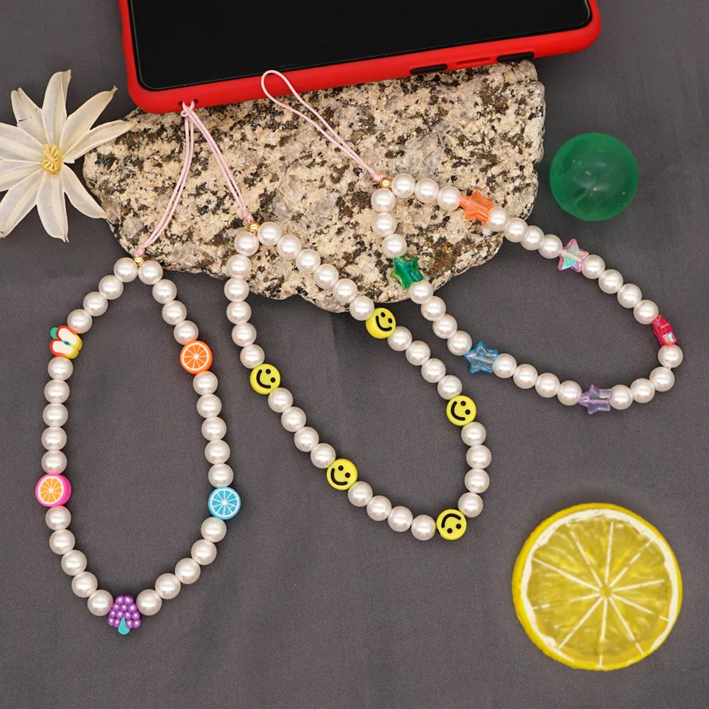 Ethnic Style Bohemian Smile Fruit Arylic Imitation Pearl Soft Clay Beaded Bag Pendant Mobile Phone Chain Keychain