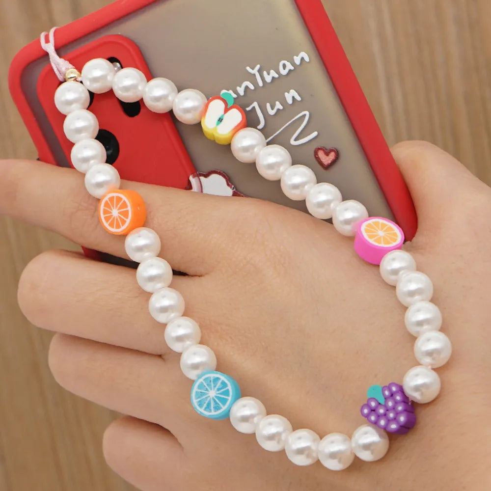 Ethnic Style Bohemian Smile Fruit Arylic Imitation Pearl Soft Clay Beaded Bag Pendant Mobile Phone Chain Keychain