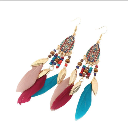 Ethnic Style Bohemian Water Droplets Alloy Feather Beaded Tassel Enamel Women's Drop Earrings