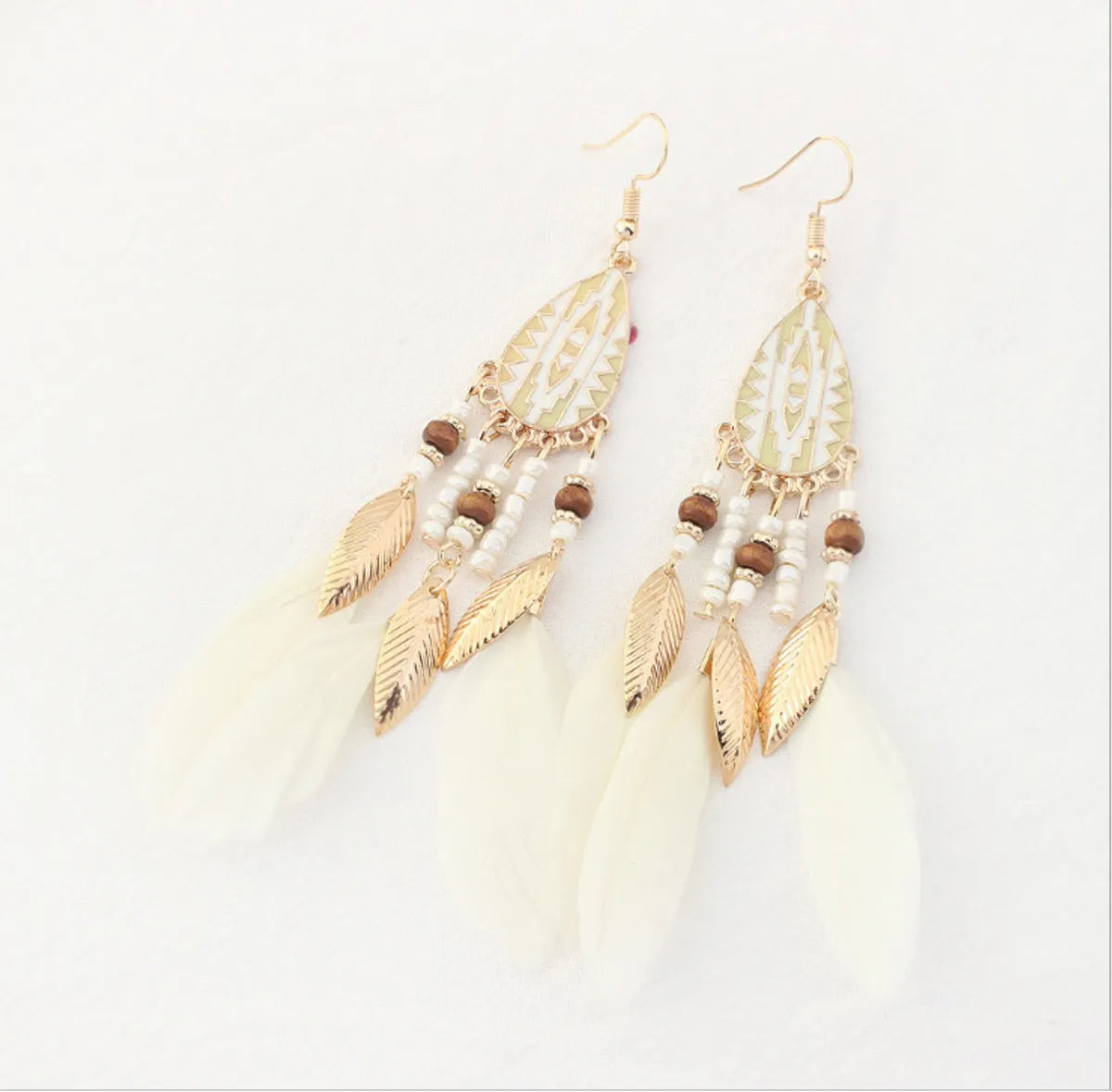 Ethnic Style Bohemian Water Droplets Alloy Feather Beaded Tassel Enamel Women's Drop Earrings