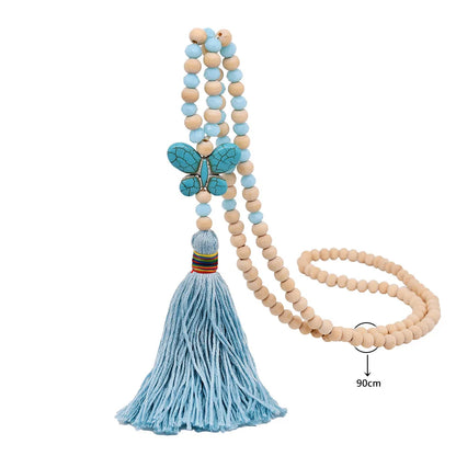 Ethnic Style Bow Knot Beaded Turquoise Tassel Women'S Long Necklace