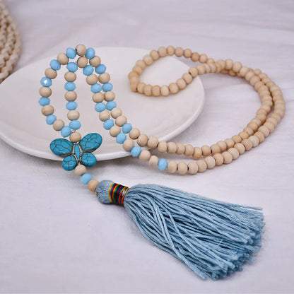 Ethnic Style Bow Knot Beaded Turquoise Tassel Women'S Long Necklace