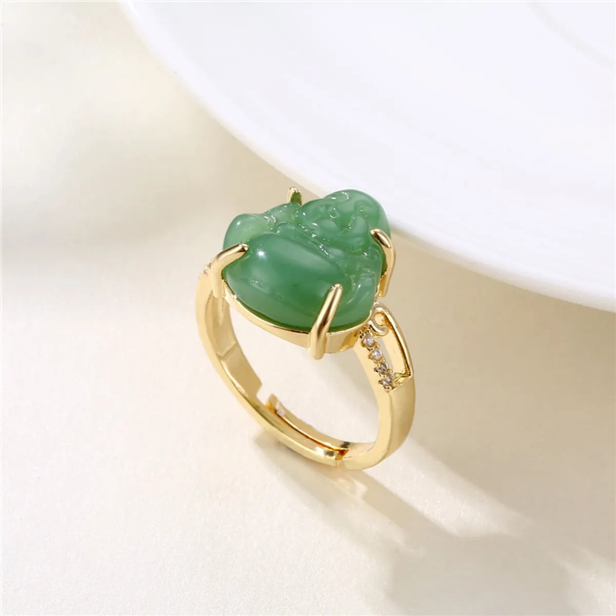 Ethnic Style Buddha Copper 18k Gold Plated Jade Zircon Rings In Bulk