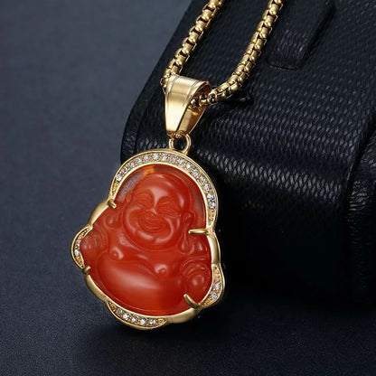 Ethnic Style Buddha Stainless Steel Inlay Rhinestones Opal Pendant Necklace 1 Piece