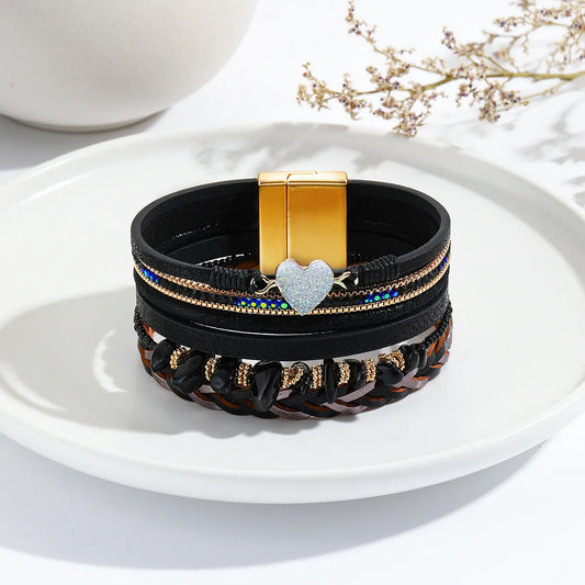 Ethnic Style Classic Style Heart Shape Pu Leather Inlay Rhinestones Women'S Bracelets