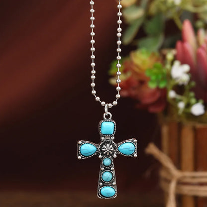 Ethnic Style Cross Alloy Inlay Turquoise Silver Plated Pendant Necklace