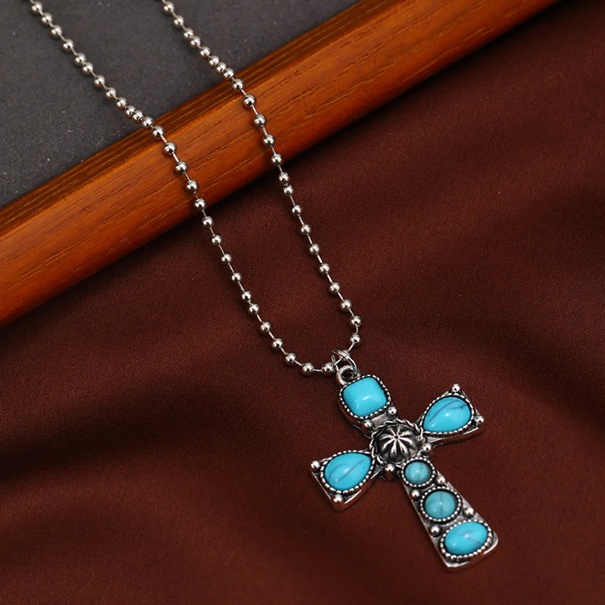 Ethnic Style Cross Alloy Inlay Turquoise Silver Plated Pendant Necklace