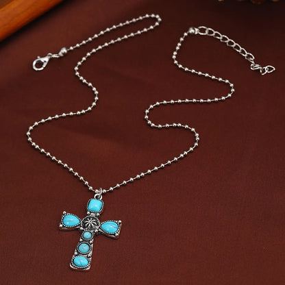 Ethnic Style Cross Alloy Inlay Turquoise Silver Plated Pendant Necklace