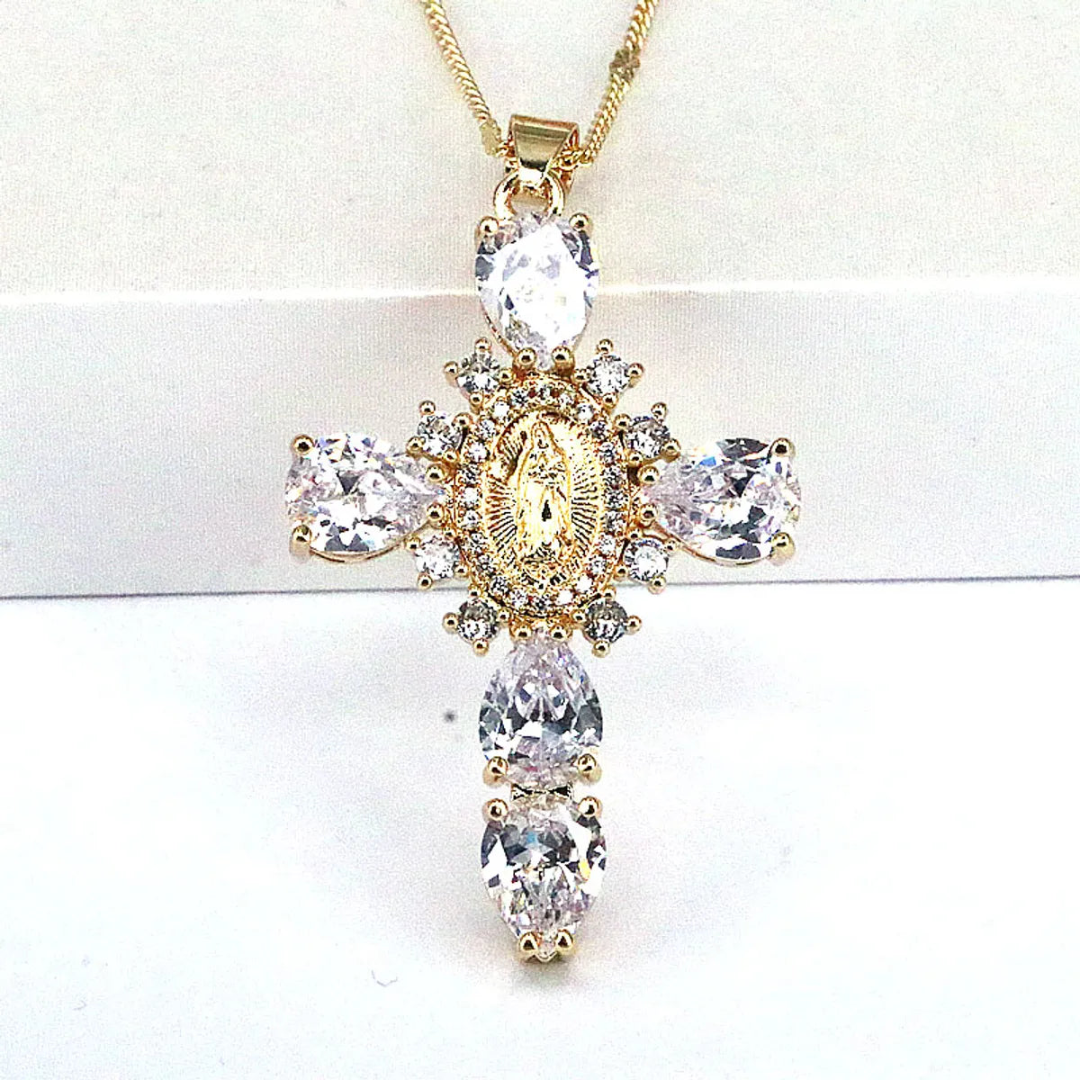 Ethnic Style Cross Copper Gold Plated Inlay Zircon Pendant Necklace 1 Piece