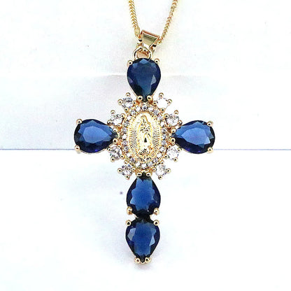 Ethnic Style Cross Copper Gold Plated Inlay Zircon Pendant Necklace 1 Piece