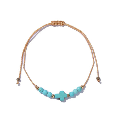 Ethnic Style Cross Eye Alloy Turquoise Rope Knitting Women'S Bracelets