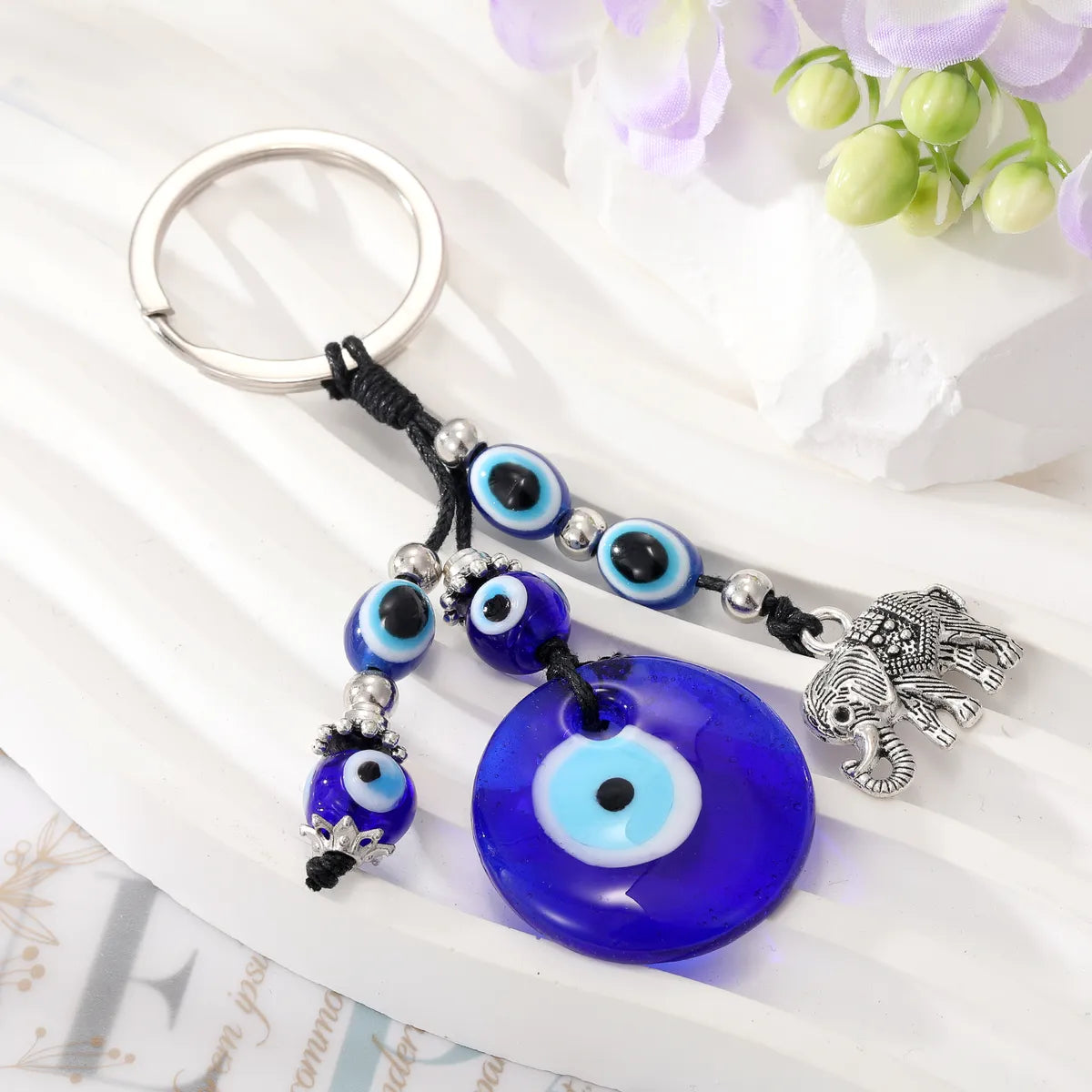 Ethnic Style Devil'S Eye Elephant Glass Carving Glass Bead Bag Pendant Keychain 1 Piece