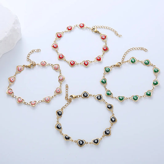 Ethnic Style Devil's Eye Heart Shape Stainless Steel Enamel Plating 18k Gold Plated Bracelets