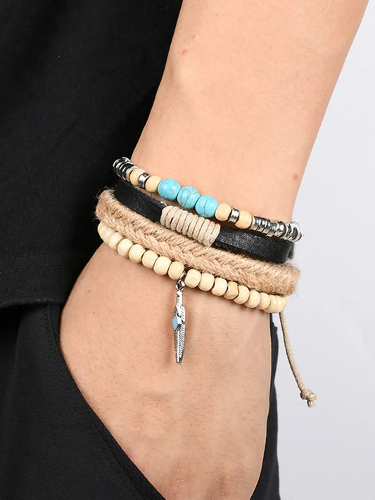 Ethnic Style Feather Pu Leather Cloth Turquoise Beaded Men'S Bracelets