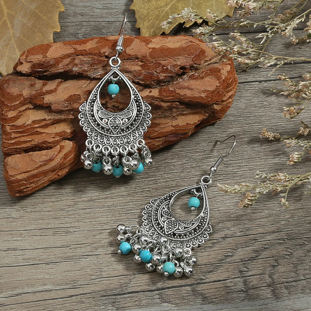 Ethnic Style Geometric Alloy Hollow Out Inlay Turquoise Drop Earrings 1 Pair