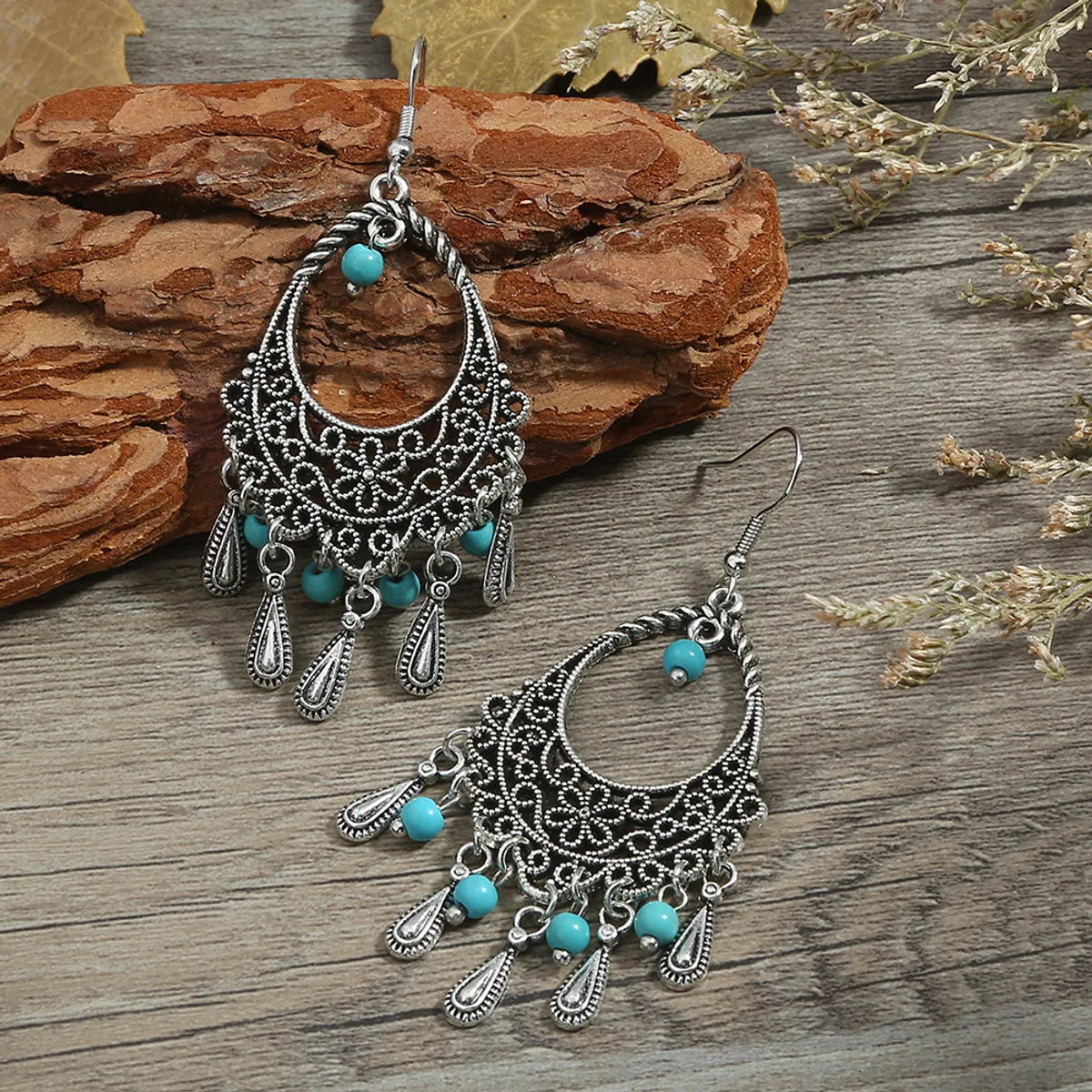 Ethnic Style Geometric Alloy Hollow Out Inlay Turquoise Drop Earrings 1 Pair