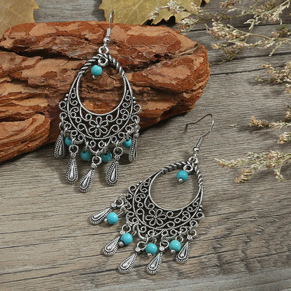 Ethnic Style Geometric Alloy Hollow Out Inlay Turquoise Drop Earrings 1 Pair