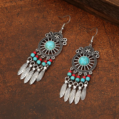 Ethnic Style Geometric Alloy Hollow Out Inlay Turquoise Drop Earrings 1 Pair