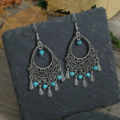 Ethnic Style Geometric Alloy Hollow Out Inlay Turquoise Drop Earrings 1 Pair