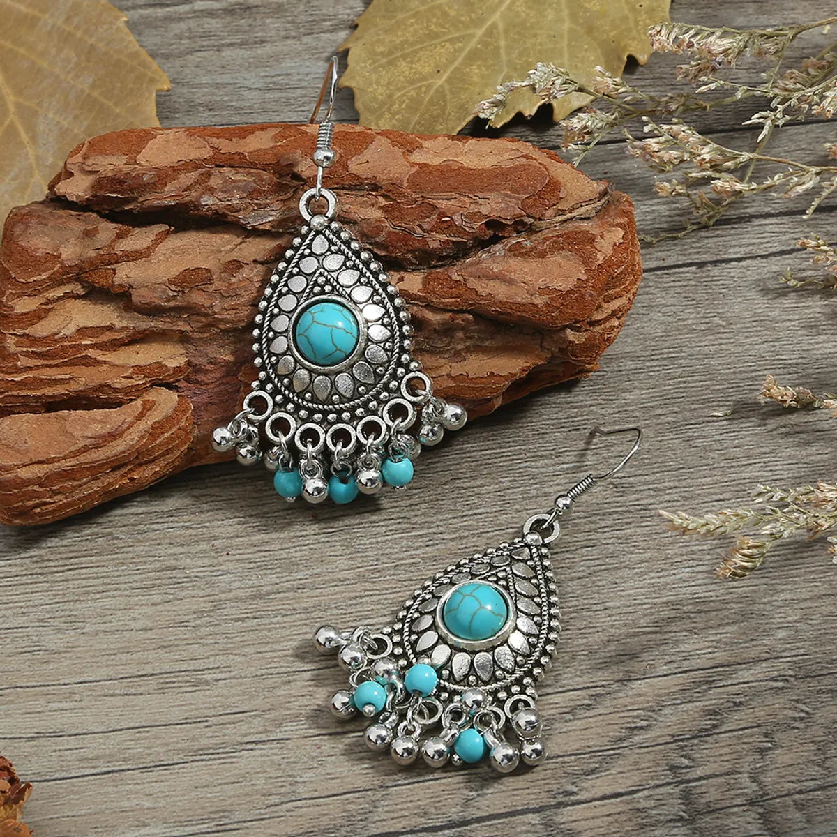 Ethnic Style Geometric Alloy Hollow Out Inlay Turquoise Drop Earrings 1 Pair