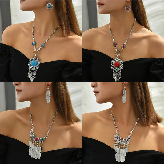 Ethnic Style Geometric Alloy Inlay Turquoise Women's Earrings Necklace 1 Set