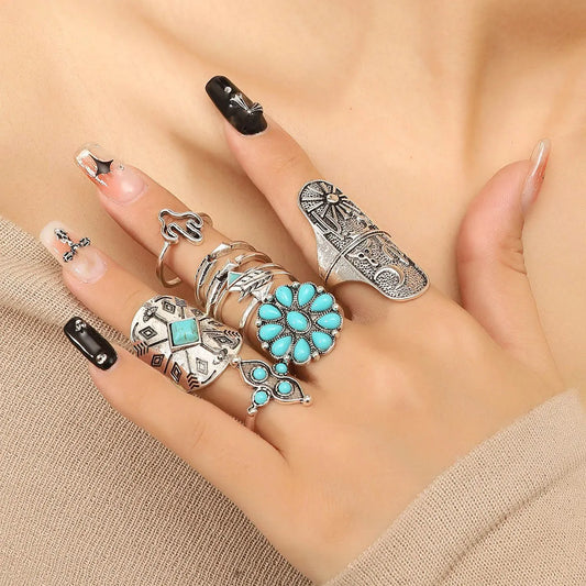 Ethnic Style Geometric Alloy Inlay Turquoise Women'S Rings 9 Pieces