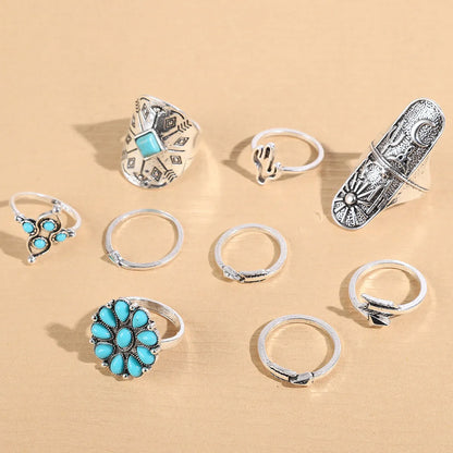 Ethnic Style Geometric Alloy Inlay Turquoise Women'S Rings 9 Pieces