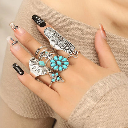 Ethnic Style Geometric Alloy Inlay Turquoise Women'S Rings 9 Pieces