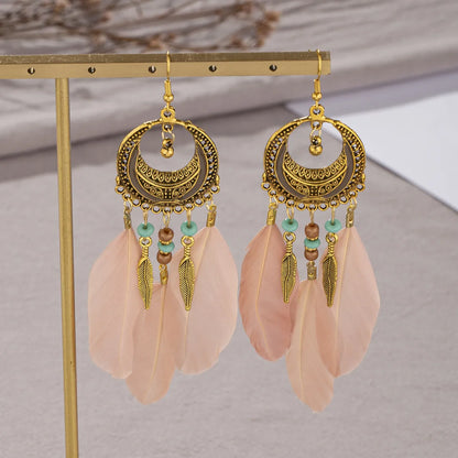 Ethnic Style Geometric Feather Tassel Plating Women'S Drop Earrings 1 Pair