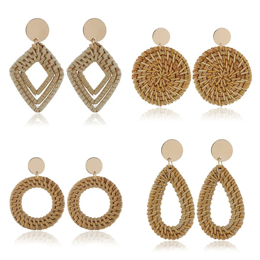 1 Pair Ethnic Style Geometric Braid Rattan Drop Earrings