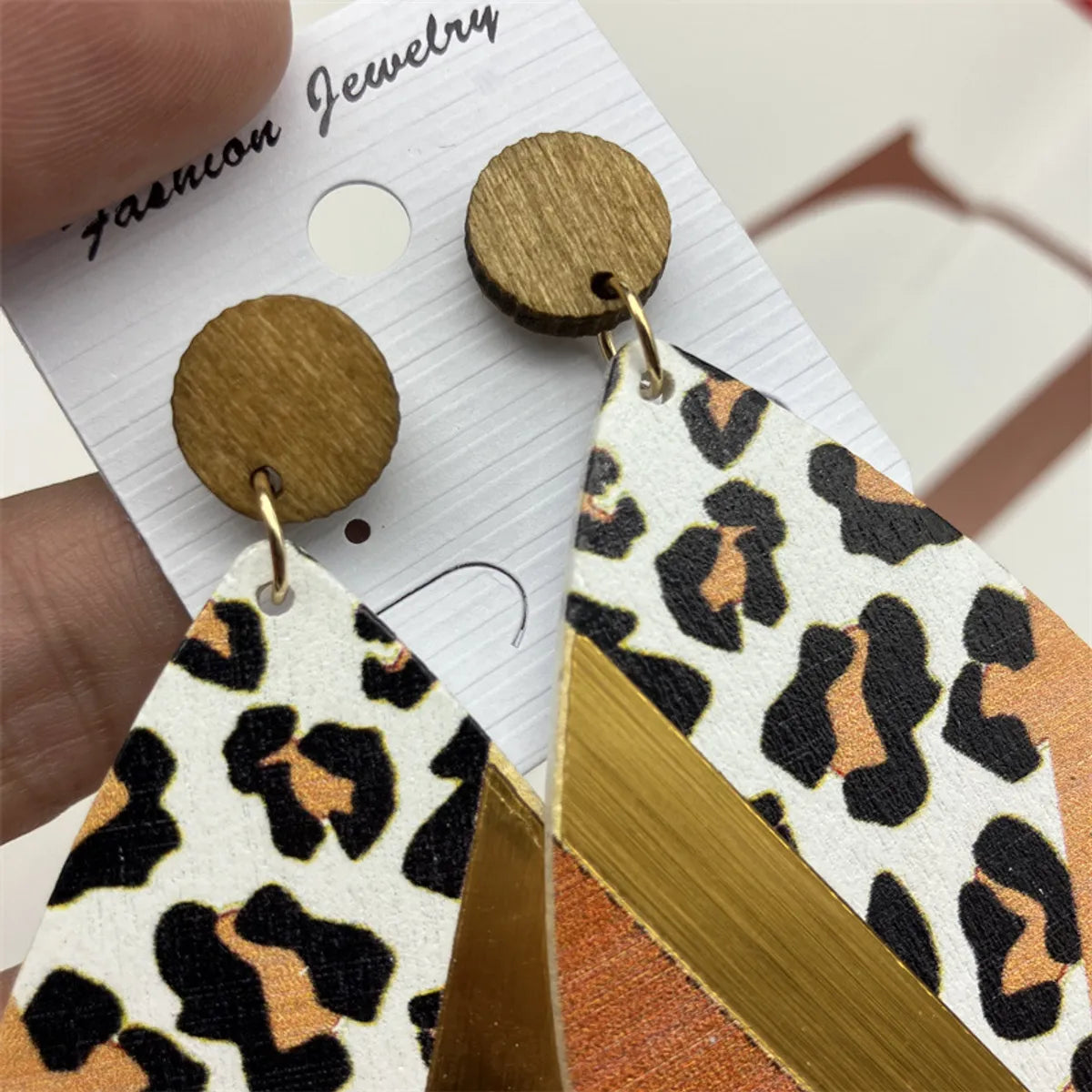 1 Pair Ethnic Style Geometric Water Droplets Leopard Stoving Varnish Wood Drop Earrings