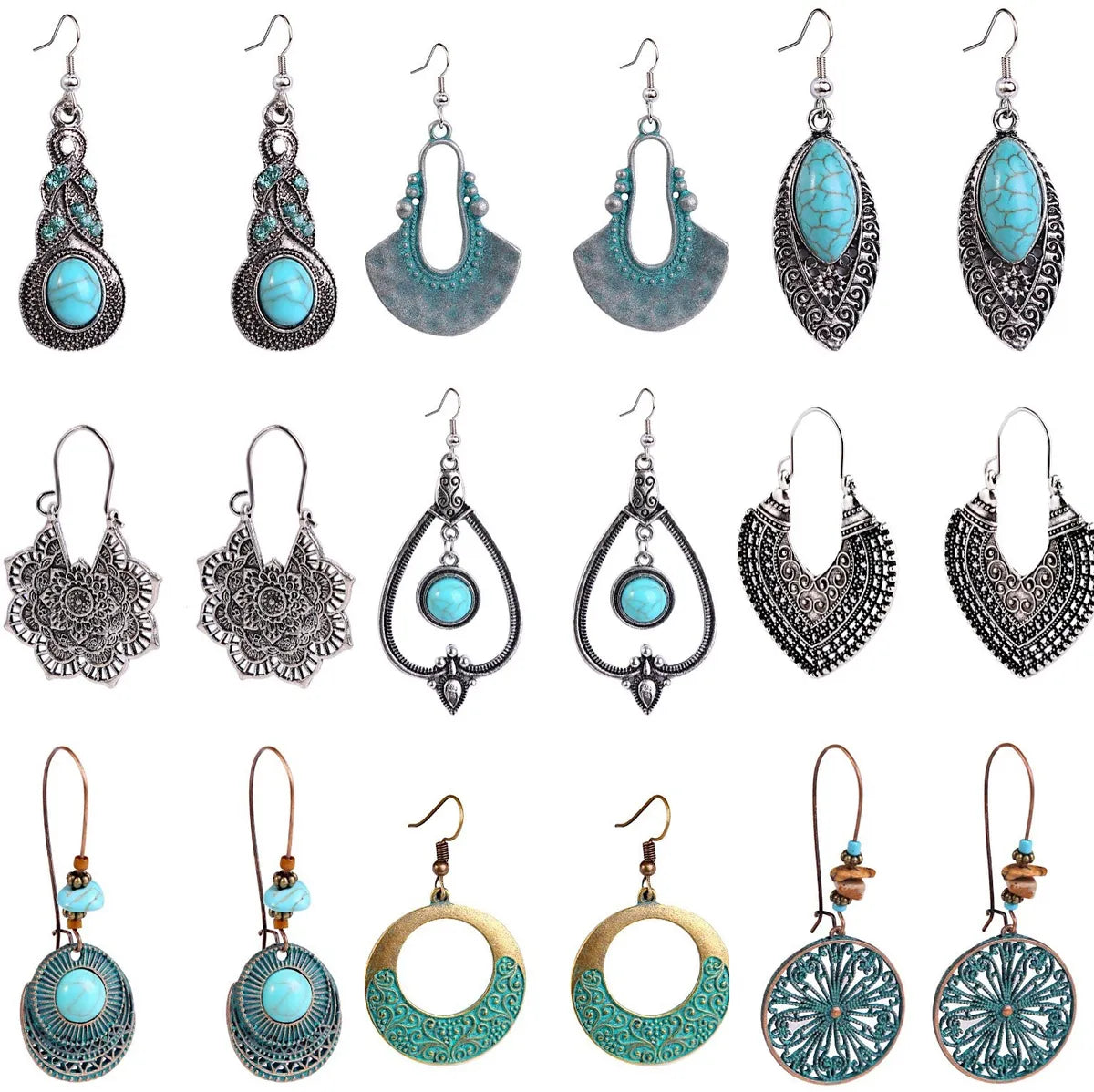 Ethnic Style Geometric Water Droplets Turquoise Metal Earrings Necklace